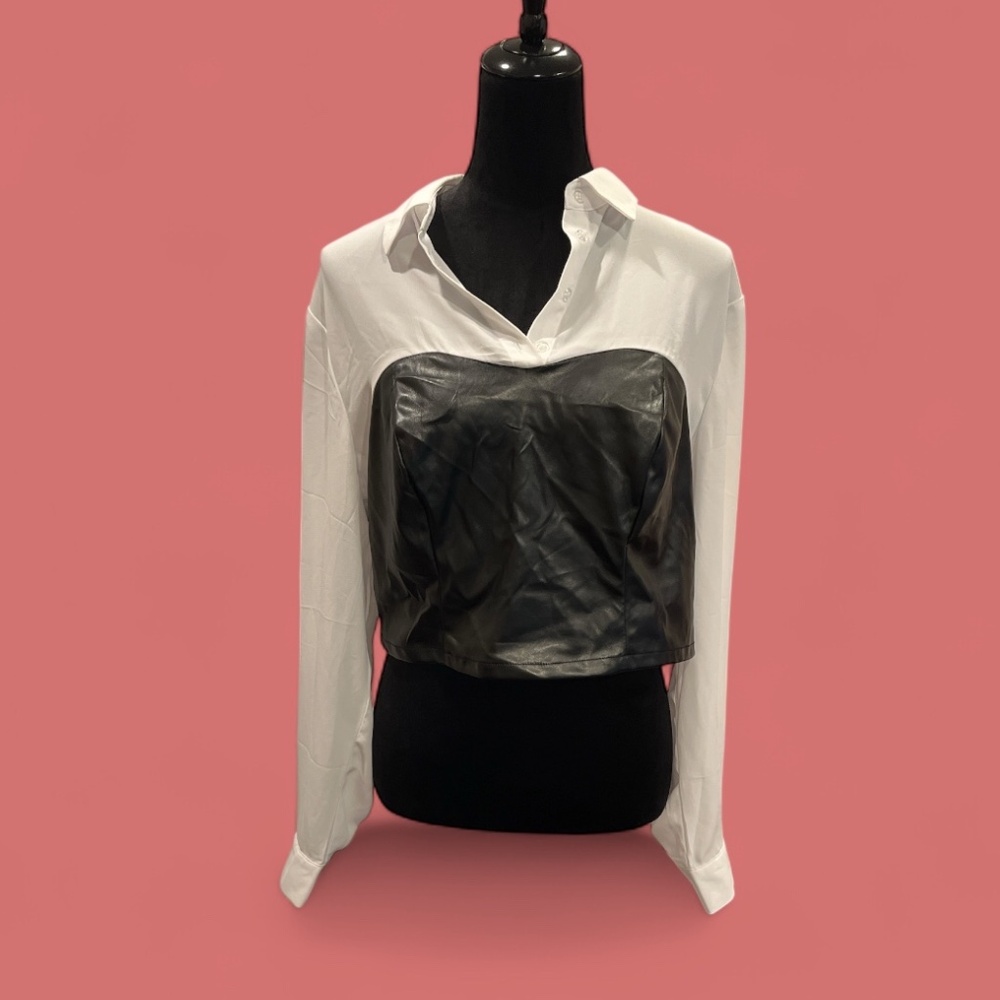 NWT Trende White Sheer Blouse with Faux Leather Bodice 1X